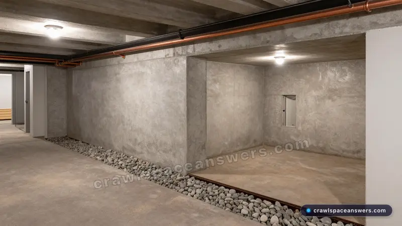 Interior transition comparing basement waterproofing features with shallow crawl space waterproofing