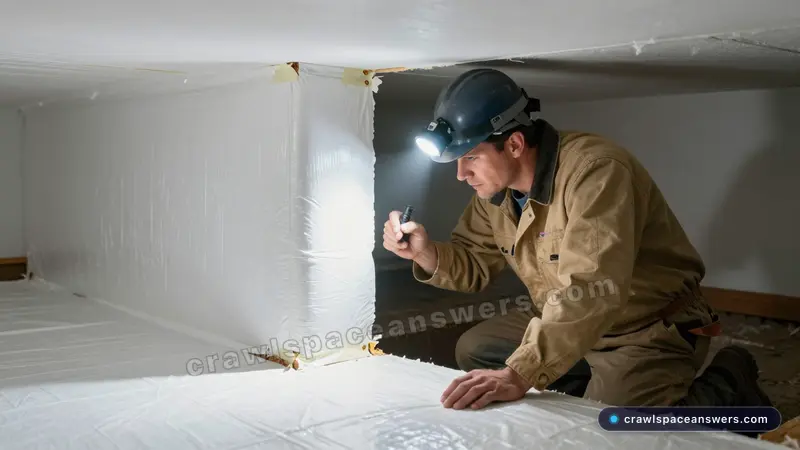 Licensed technician inspecting sealed membrane during crawl space waterproofing evaluation