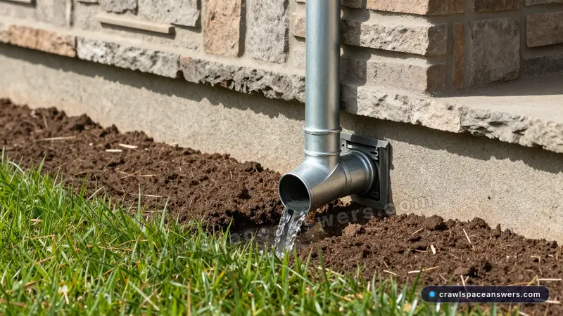 Exterior gutter downspout extension preventing foundation water issues before crawl space waterproofing