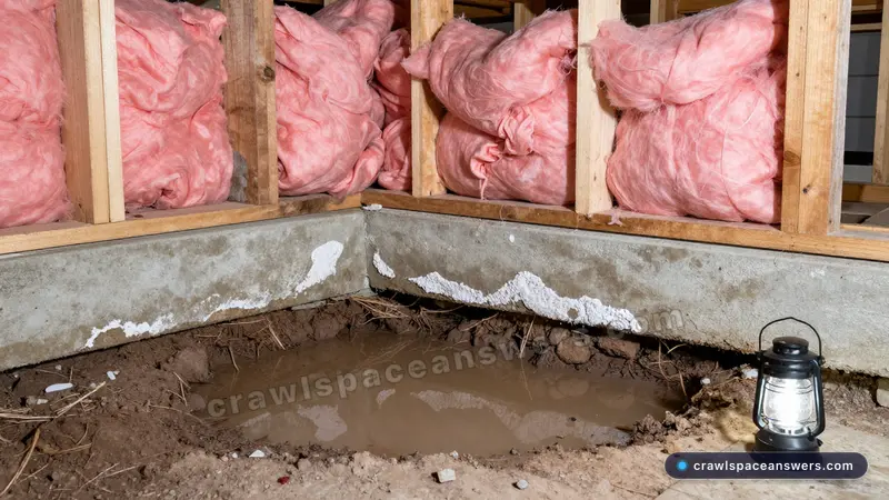 Standing water and sagging wet insulation signs indicating need for crawl space waterproofing