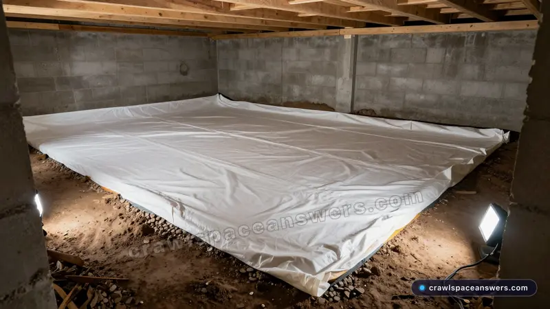 Vapor barrier installation for crawl space waterproofing beneath a residential home