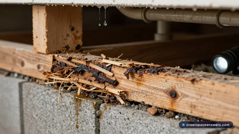 Wood rot damage on joists requiring crawl space waterproofing to prevent foundation decay